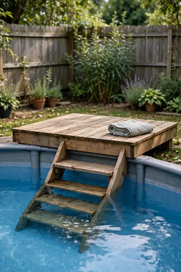 Wooden deck platform meeting the edge of an above ground pool