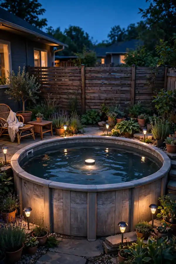 Above ground pool glowing at dusk with solar and LED lights