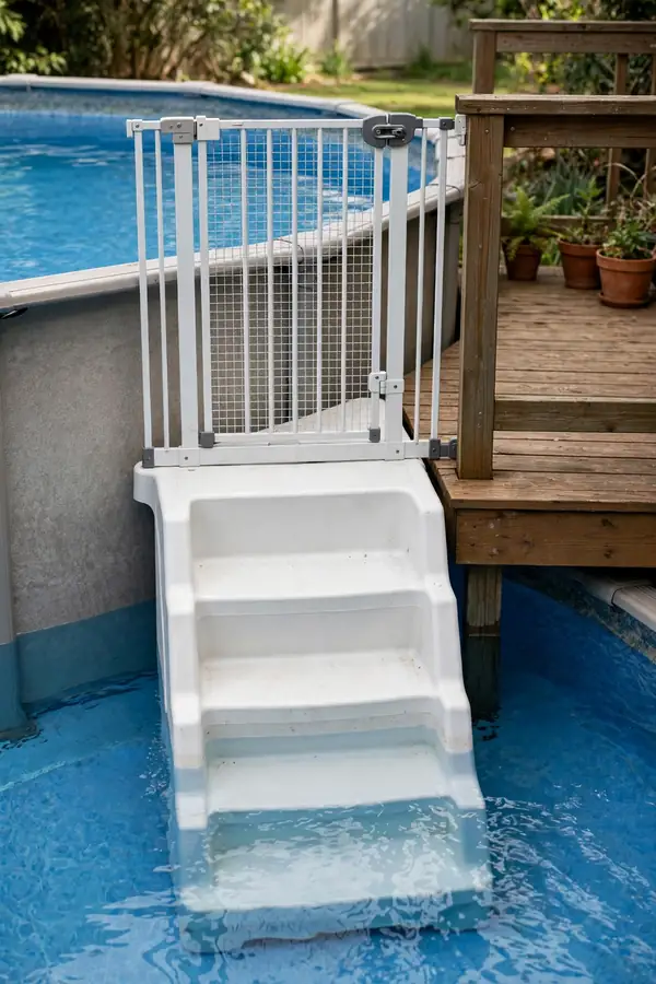Sturdy pool entry steps with a locking gate for an above ground pool