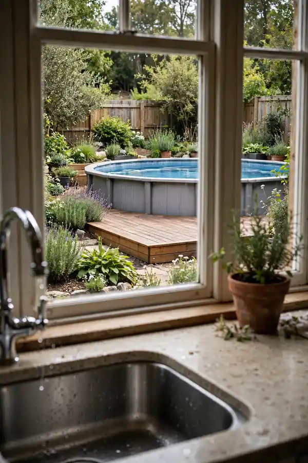 Above ground pool viewed through a kitchen window