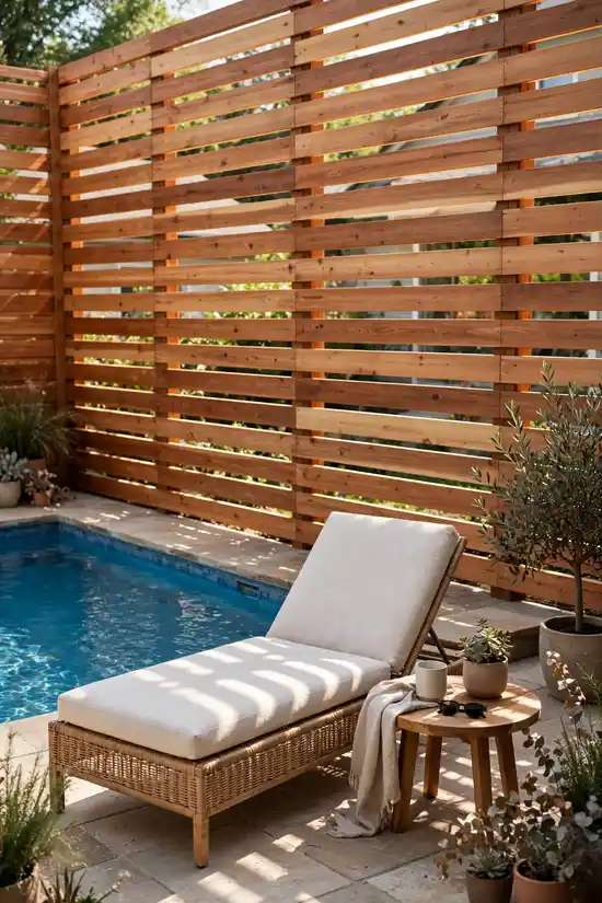Cedar slat privacy screen beside an above ground pool