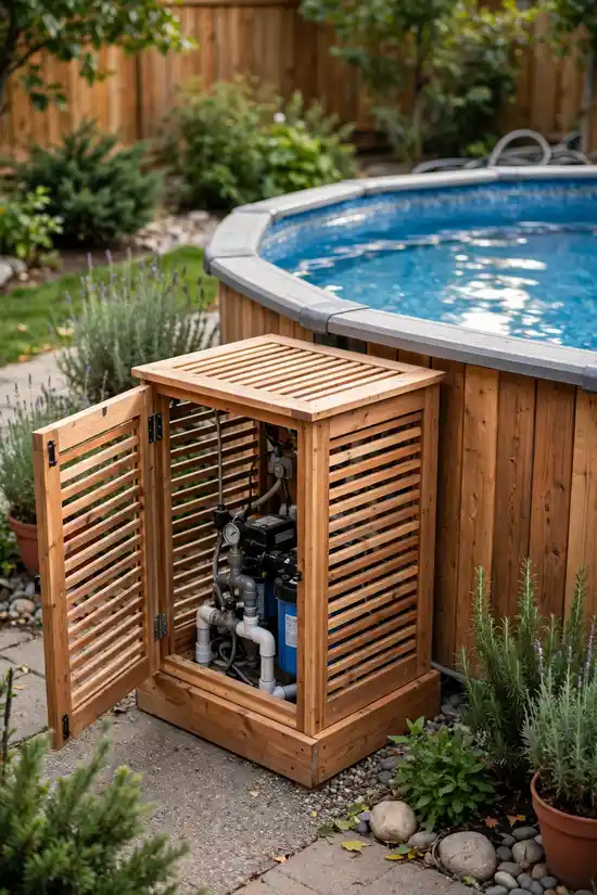 Wooden enclosure hiding the above ground pool pump and filter