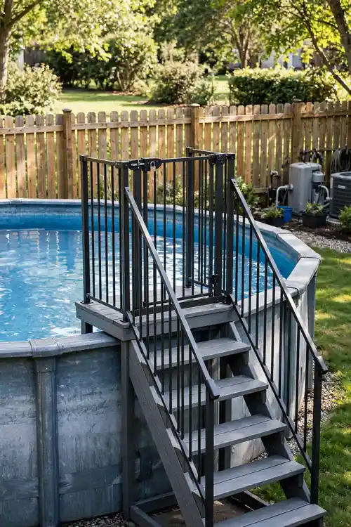 Above ground pool with locking ladder and code-compliant safety fence