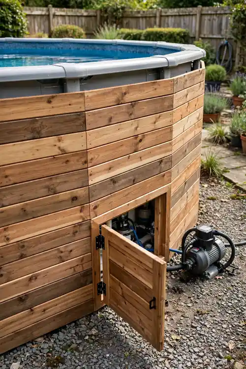 Above ground pool wall hidden by a cedar board skirt
