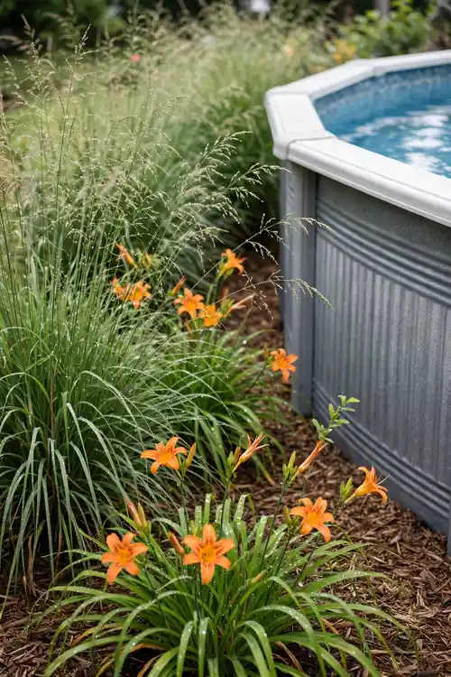 Ornamental grasses and daylilies planted beside an above ground pool