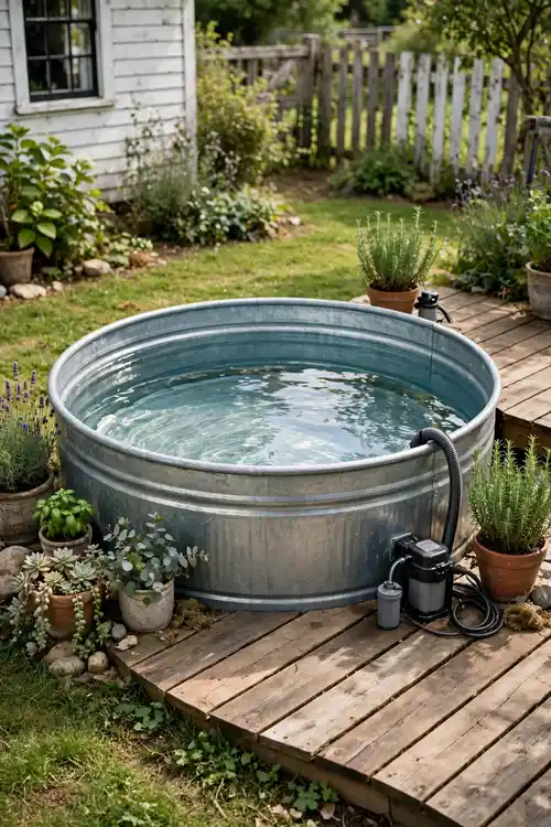 Galvanized stock tank pool in a farmhouse backyard
