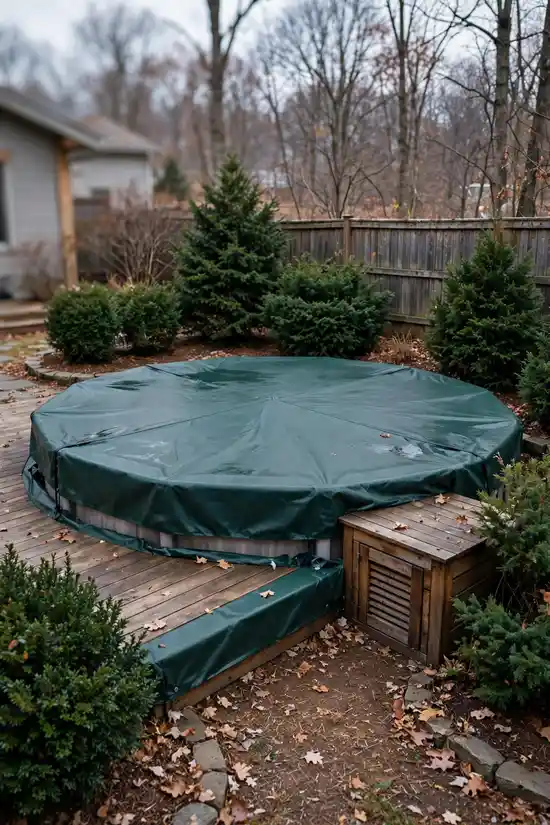 Above ground pool with a winter cover in a tidy off-season yard