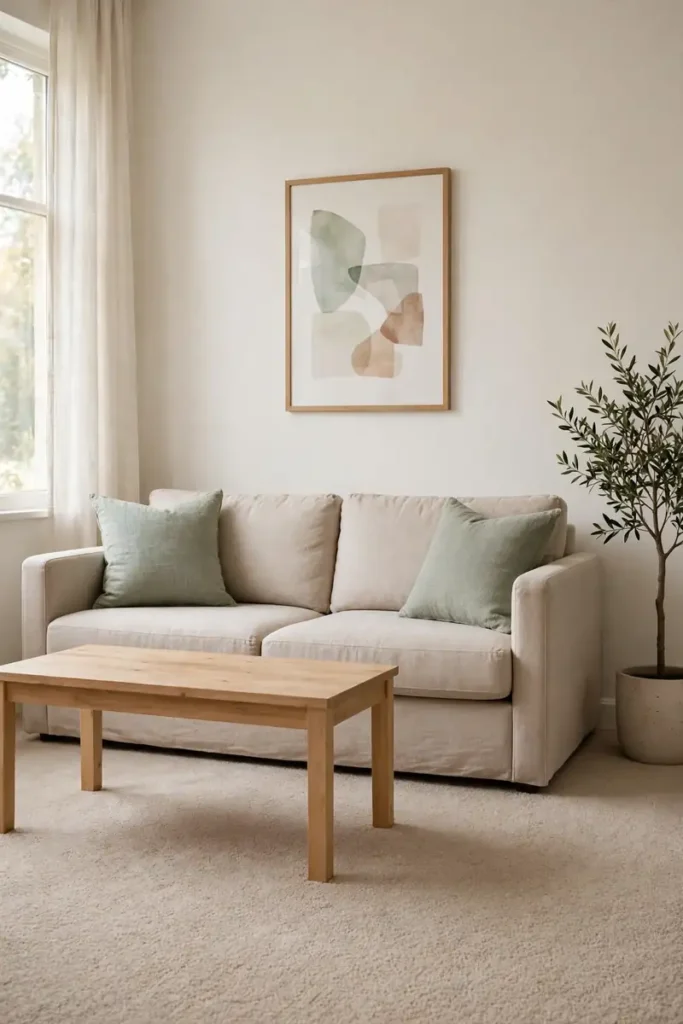 Rental living room with beige carpet styled with earth-tone textiles