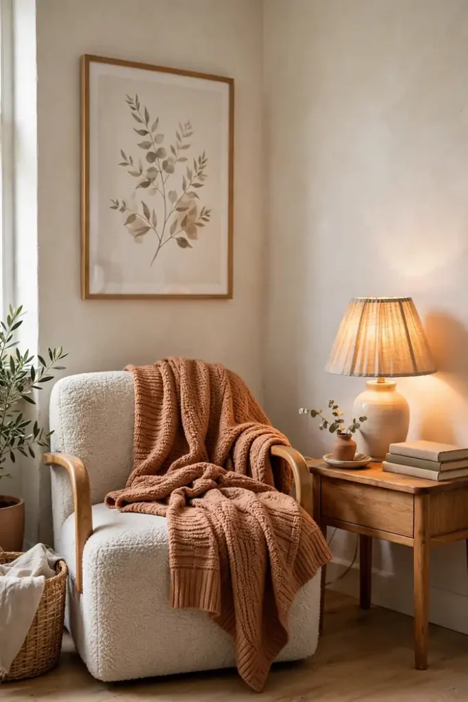Bright styled apartment corner with lamp, throw and art