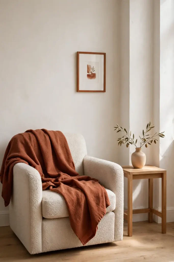 Rust terracotta color thread repeated in an apartment living corner