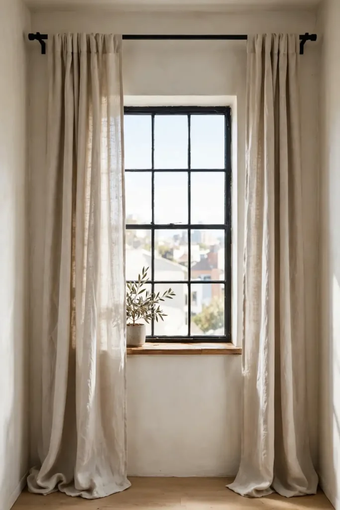 Curtains hung high and wide in a small apartment living room