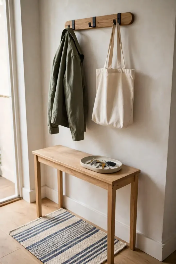Entryway landing spot with hook rail, key tray and washable mat