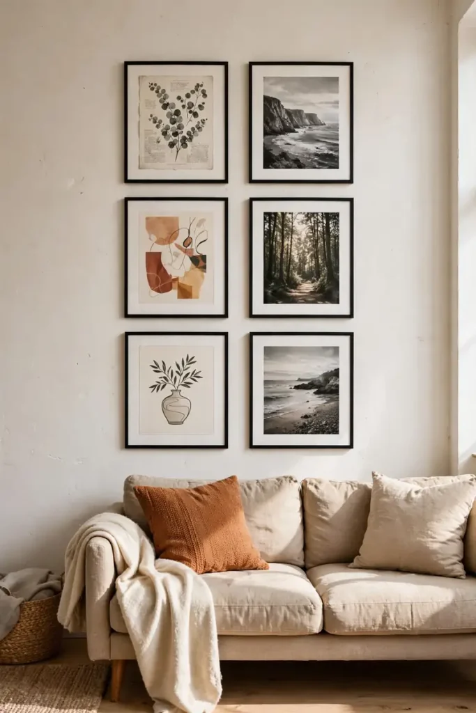 Grid of matching black frames with mismatched art in an apartment