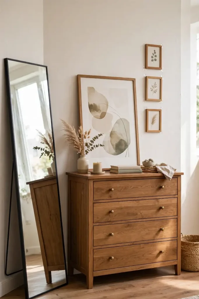 Rental wall decorated with leaning art and adhesive strips, no nails
