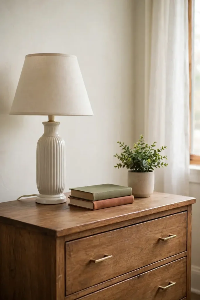 Styled dresser top with lamp, books and plant in a rental bedroom