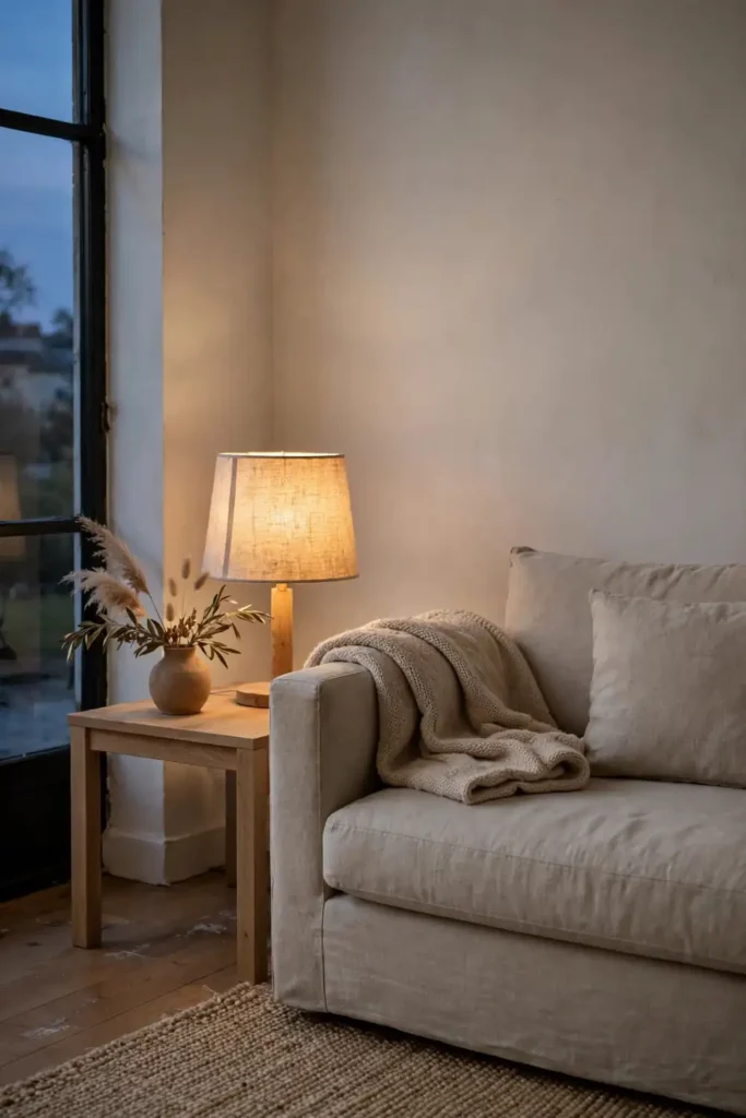 Warm glowing lamps transforming an apartment living room at dusk