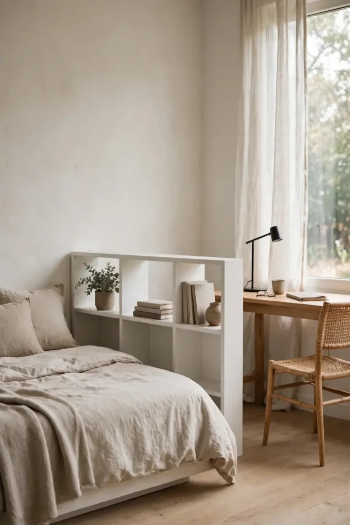 Low bookshelf dividing a studio into sleep and work zones