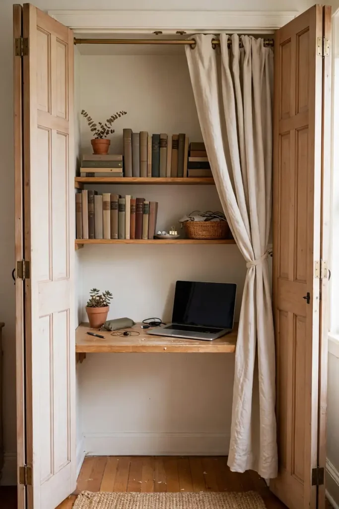 Closet converted into a home office with doors that close at five