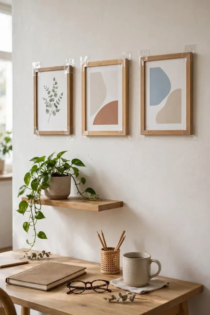 Framed prints hung with adhesive strips above a rental desk