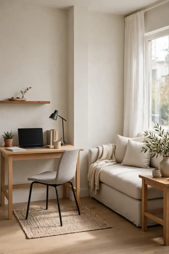 Separate desk nook and sofa zones in a small apartment living area