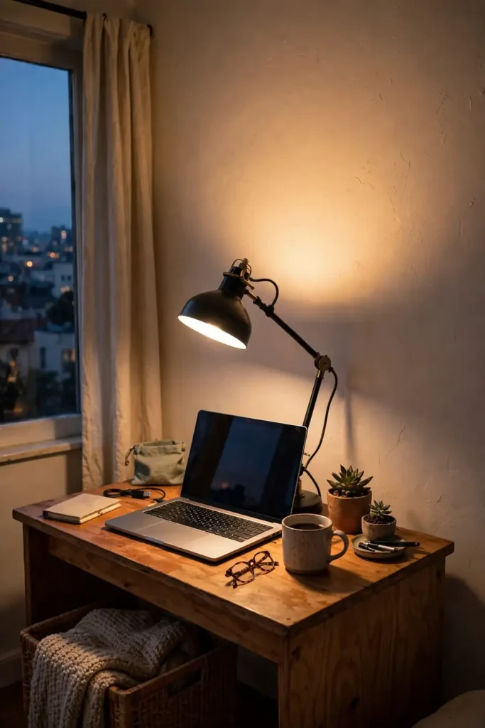 Adjustable lamp providing task and ambient light at a desk