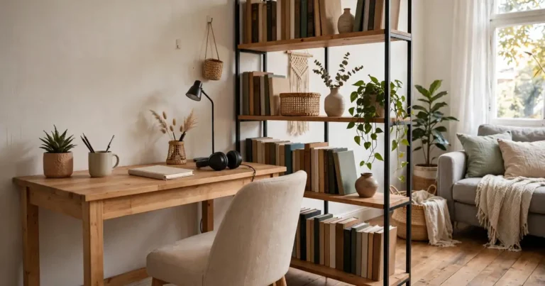 Renter-friendly apartment home office corner with desk and bookshelf