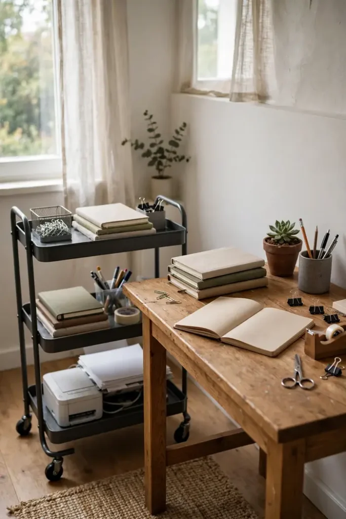 Three-tier rolling cart for home office storage in an apartment