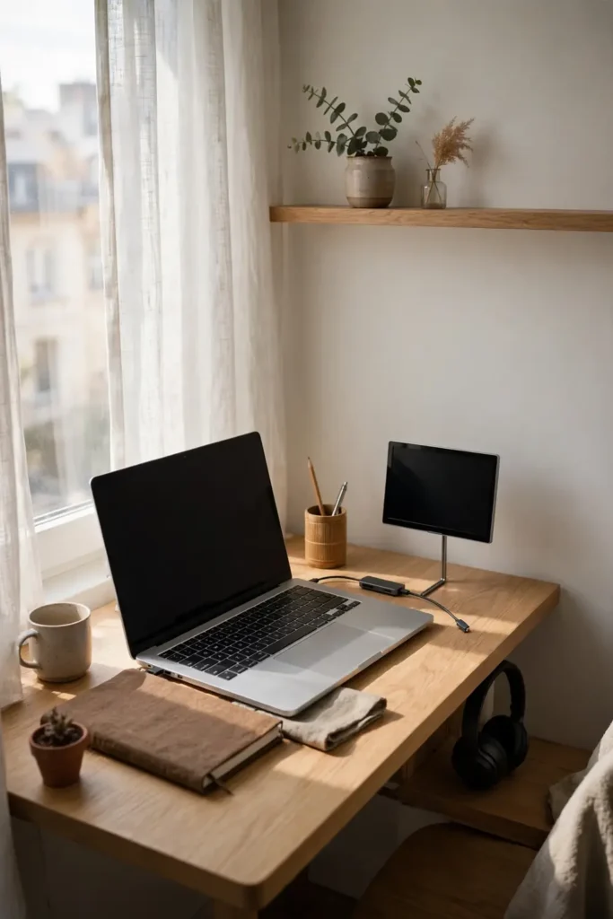 Laptop plus second monitor on a compact apartment desk