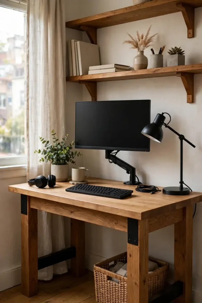 Solid sturdy desk with a monitor arm in an apartment office
