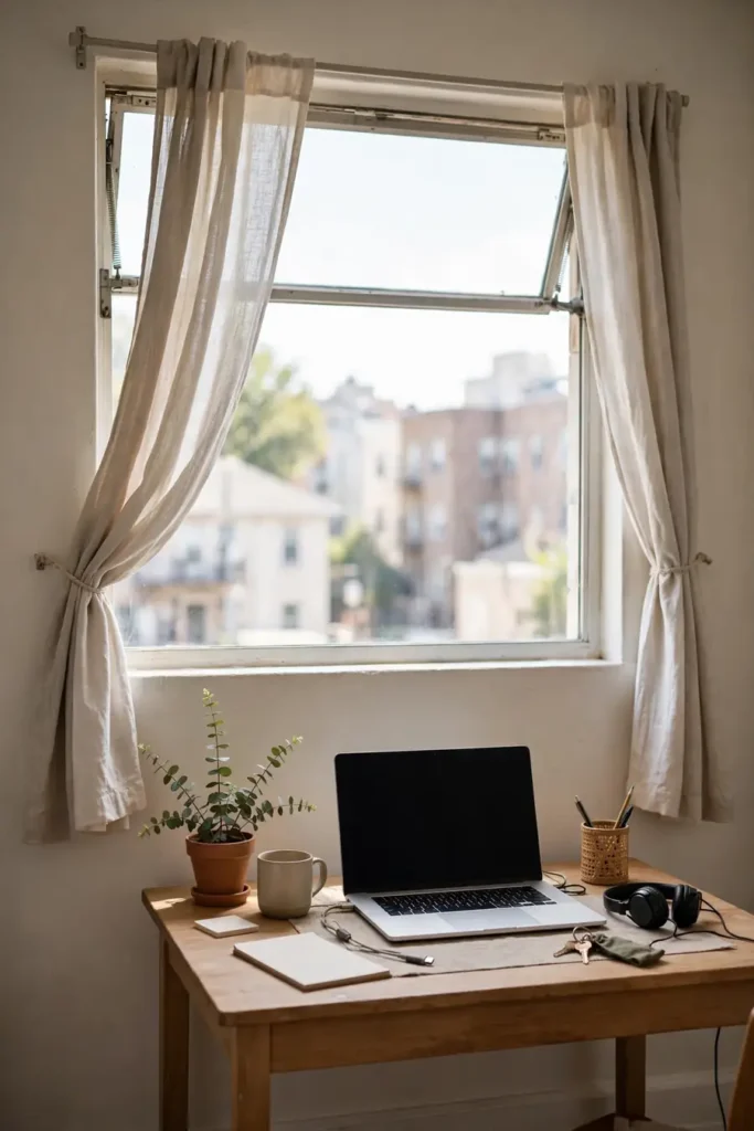 Curtains on a tension rod behind an apartment desk, no holes