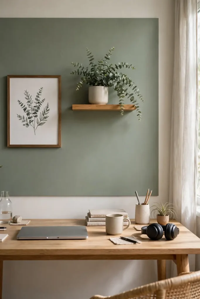 Styled video-call background wall behind a home office desk