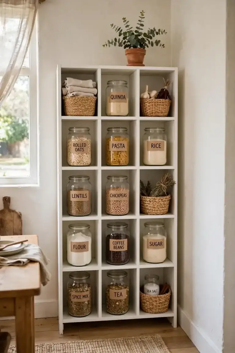 Bookshelf converted into a pantry in a small apartment kitchen