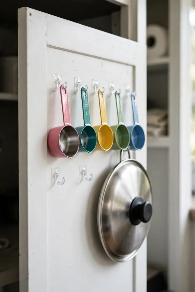 Hooks on the inside of apartment kitchen cabinet doors for extra storage