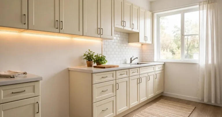 Small apartment kitchen with renter-friendly upgrades and warm styling