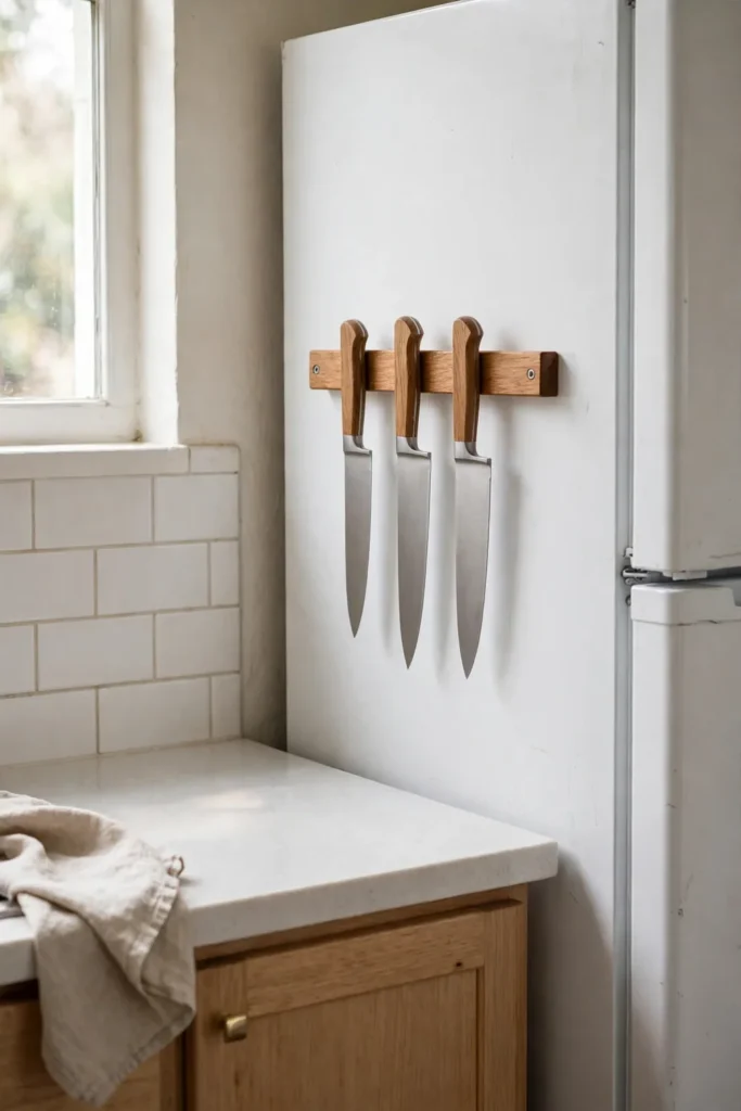 Magnetic knife strip mounted on an apartment kitchen wall