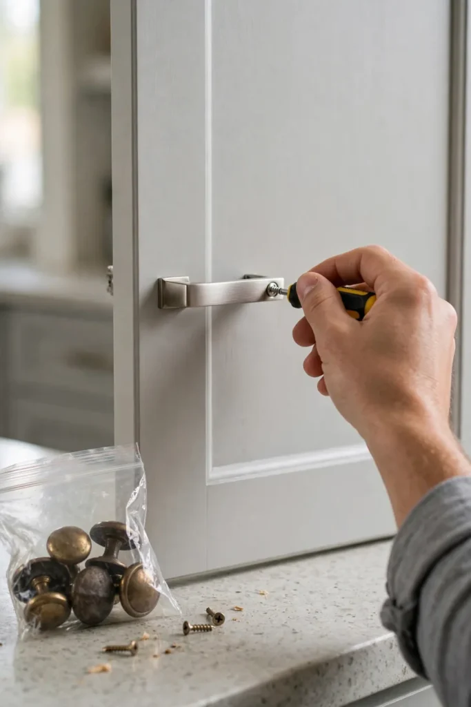 New cabinet handles on apartment kitchen cabinets, a renter-friendly upgrade