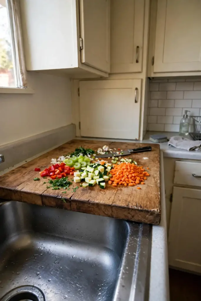 Over-sink cutting board doubling counter space in an apartment kitchen