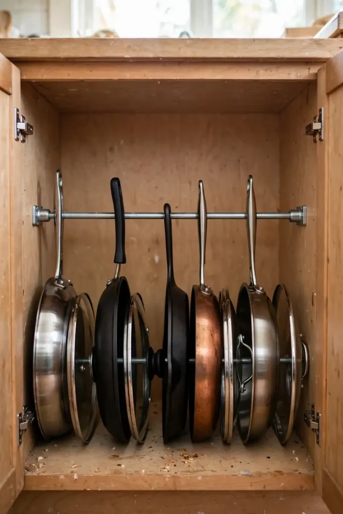 Pans filed vertically with a tension rod in an apartment kitchen cabinet