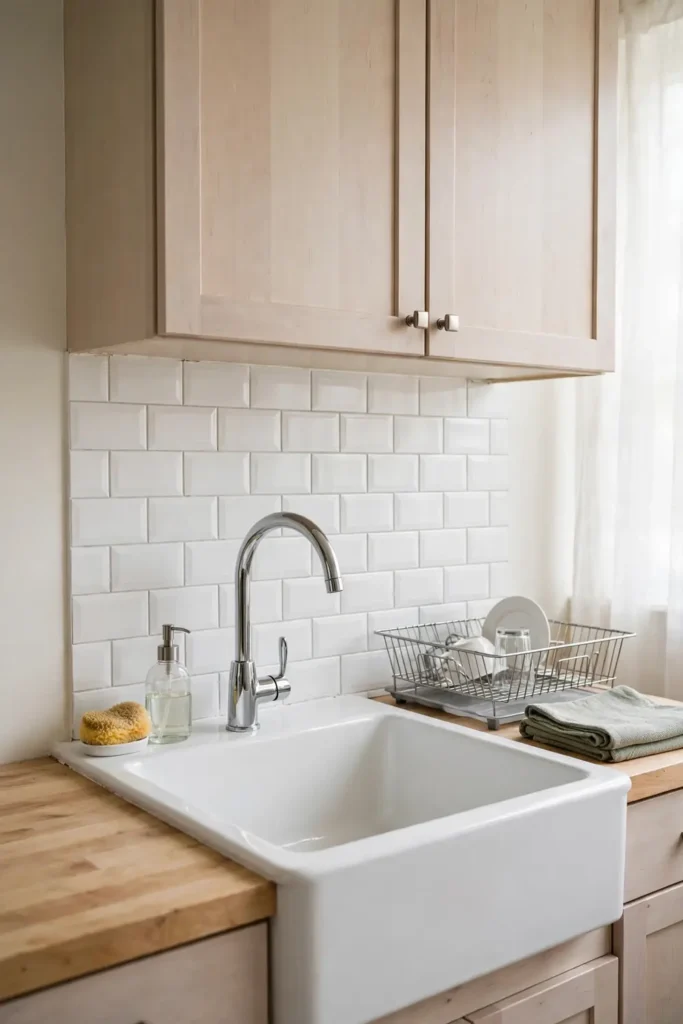 Peel-and-stick tile backsplash behind an apartment kitchen sink