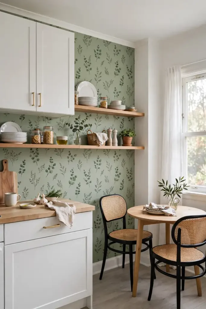 Removable wallpaper accent wall in an apartment kitchen