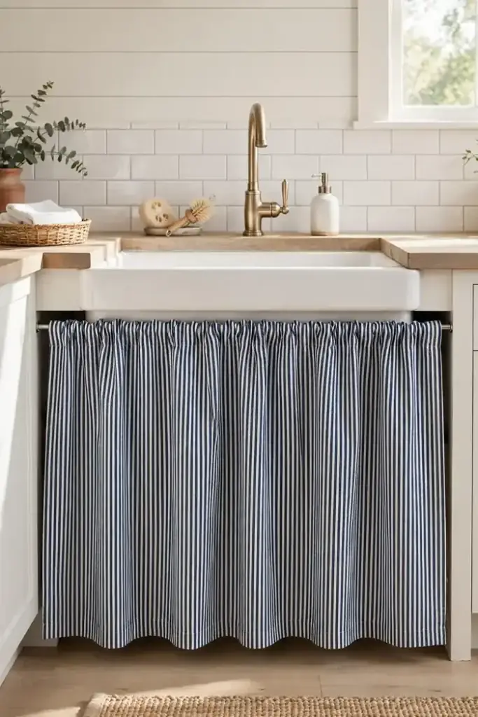 Fabric sink skirt curtain hiding under-sink storage in an apartment kitchen