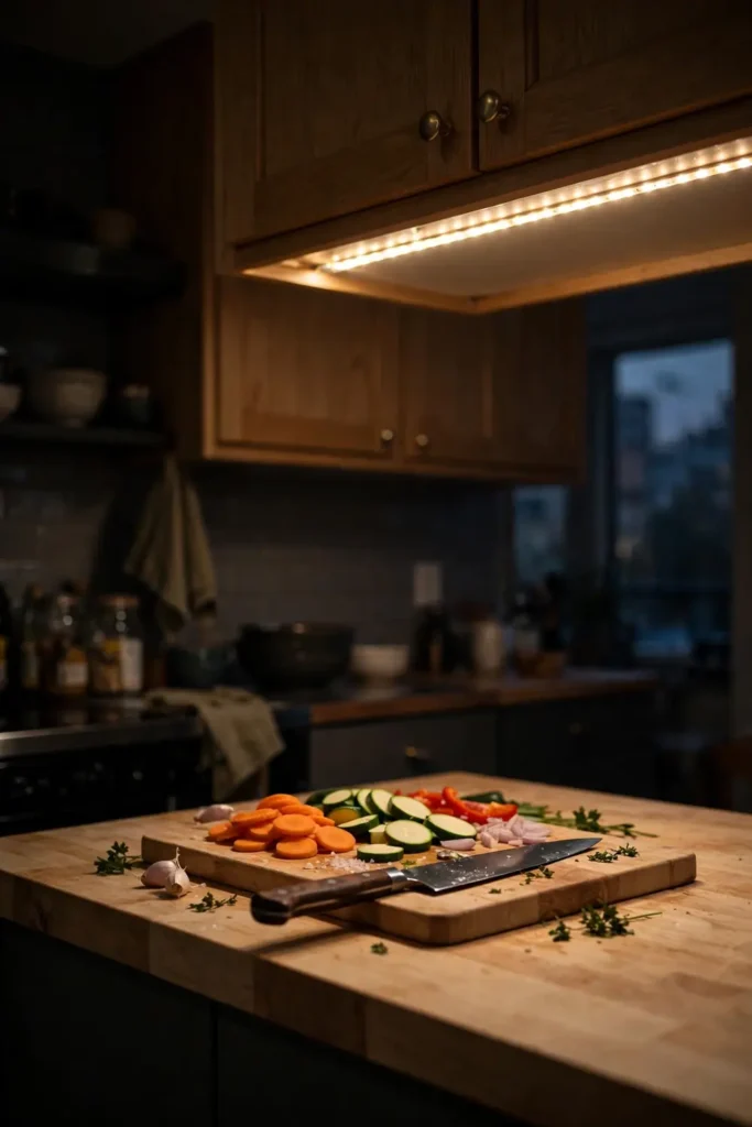 Under-cabinet lighting brightening an apartment kitchen counter