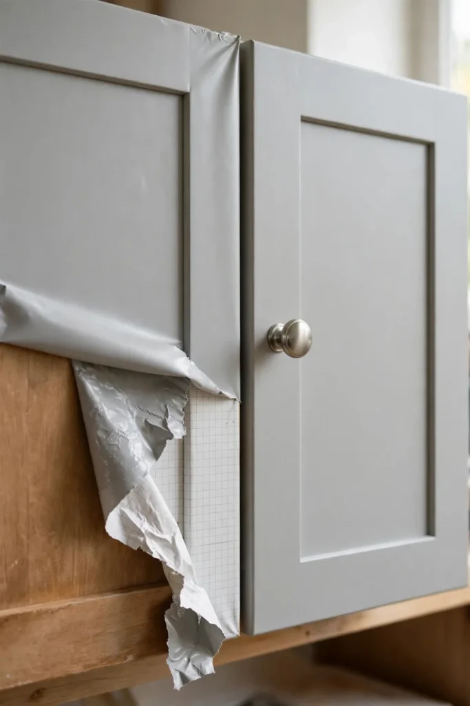Vinyl-wrapped apartment kitchen cabinets in a small rental kitchen