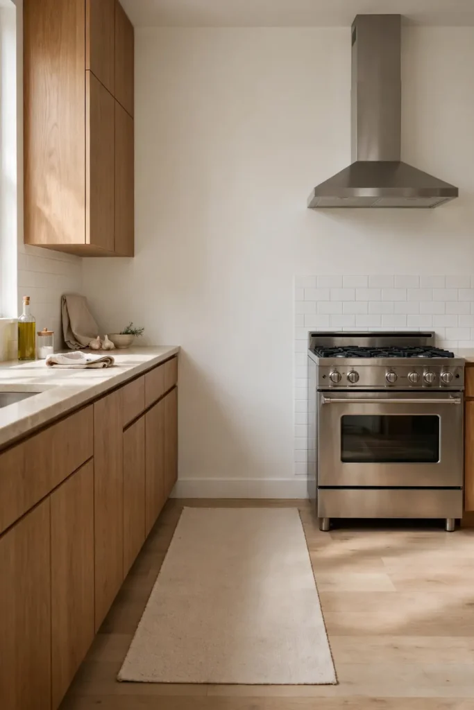 Washable runner rug covering ugly floors in an apartment kitchen