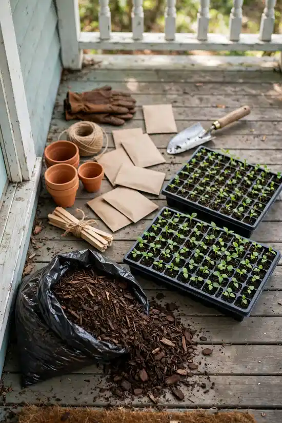 Spring garden haul with seedlings, mulch and tools for a hundred dollars