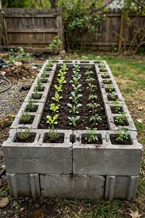Raised bed built from concrete blocks with young seedlings