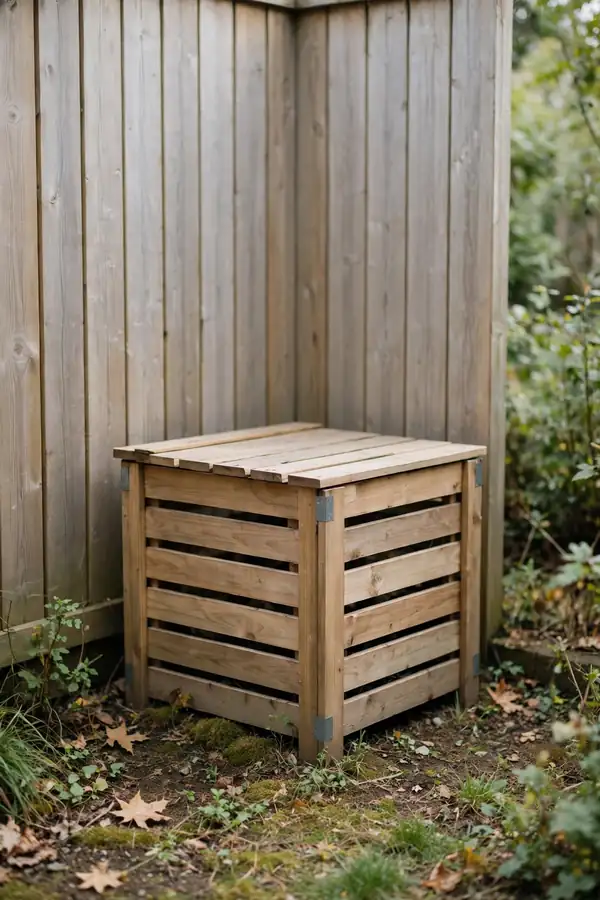 Wooden slat compost bin tucked in a backyard corner