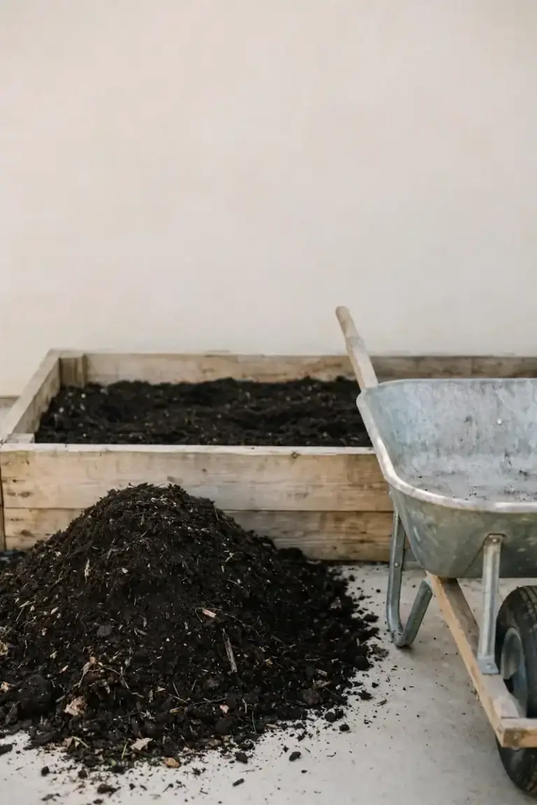 Rich finished compost piled beside a garden bed
