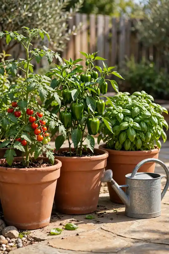 Container garden with tomatoes, peppers and basil on a patio