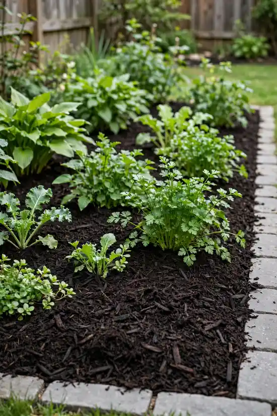 Garden bed freshly topped with dark rich mulch